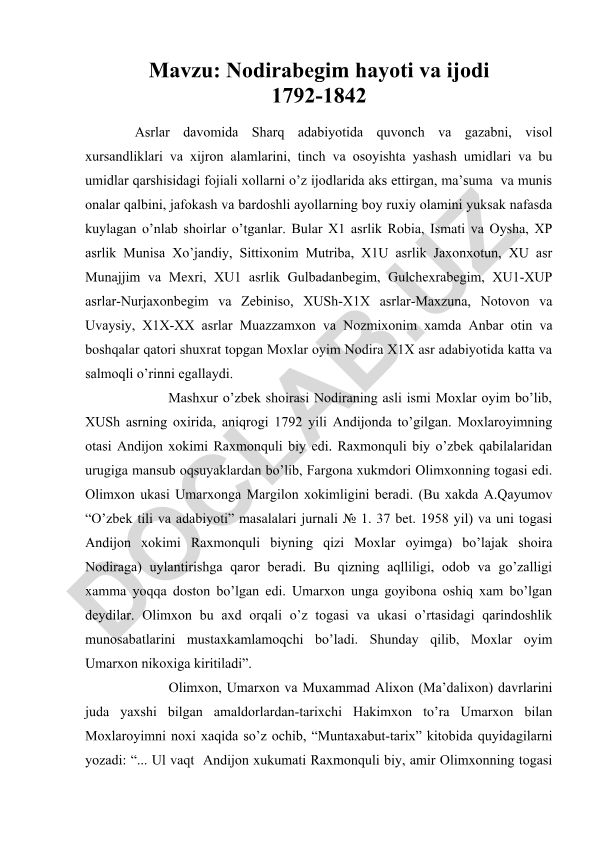 Nodirabegim hayoti va ijodi 1792-1842
