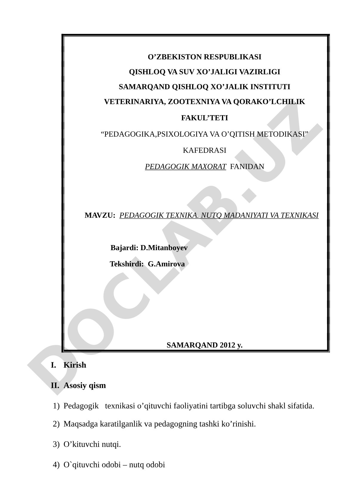 Pedagogik texnika. Nutq madaniyati va texnikasi