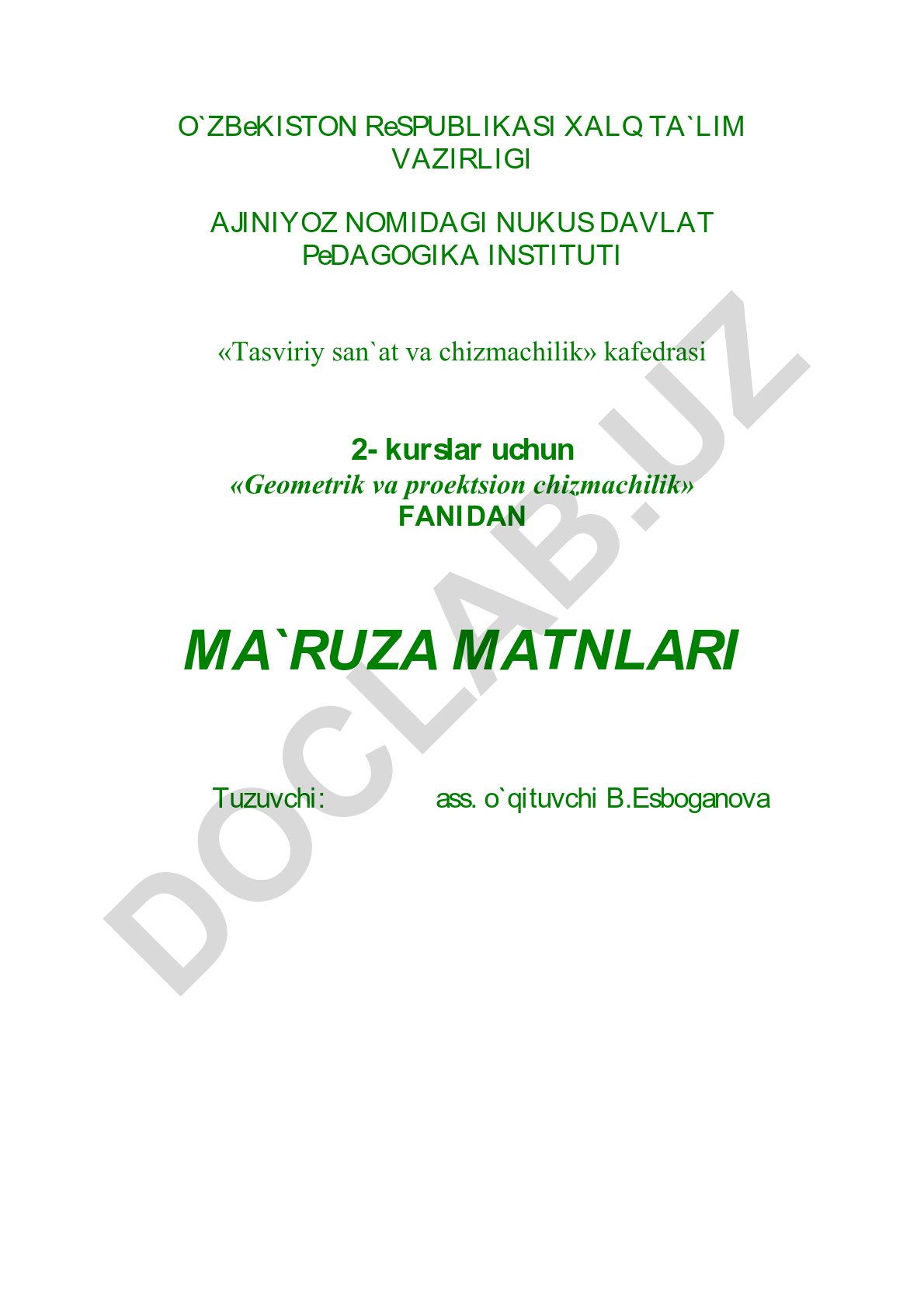 Geometrik va proektsion chizmachilik fanidan ma'ruza matnlari