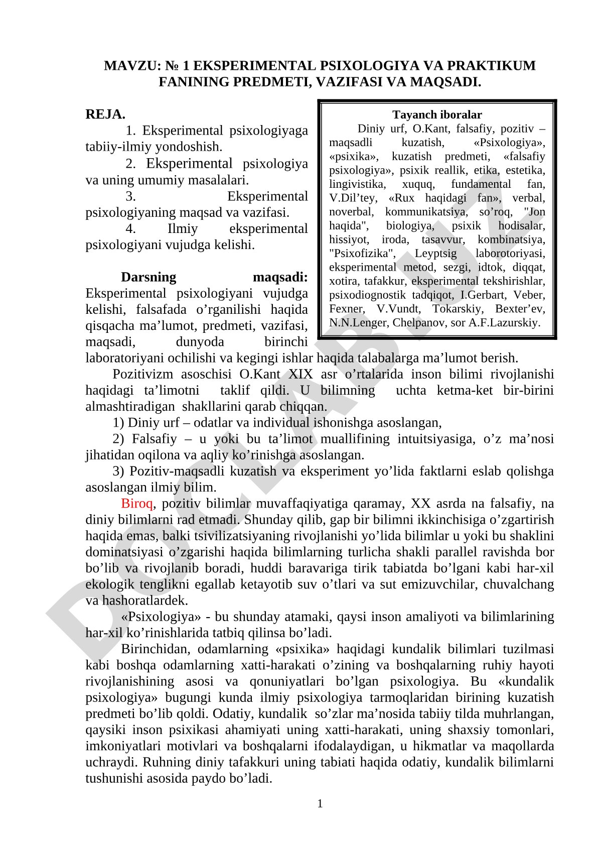 Eksperimental psixologiya va praktikum fanining predmeti, vazifasi va maqsadi