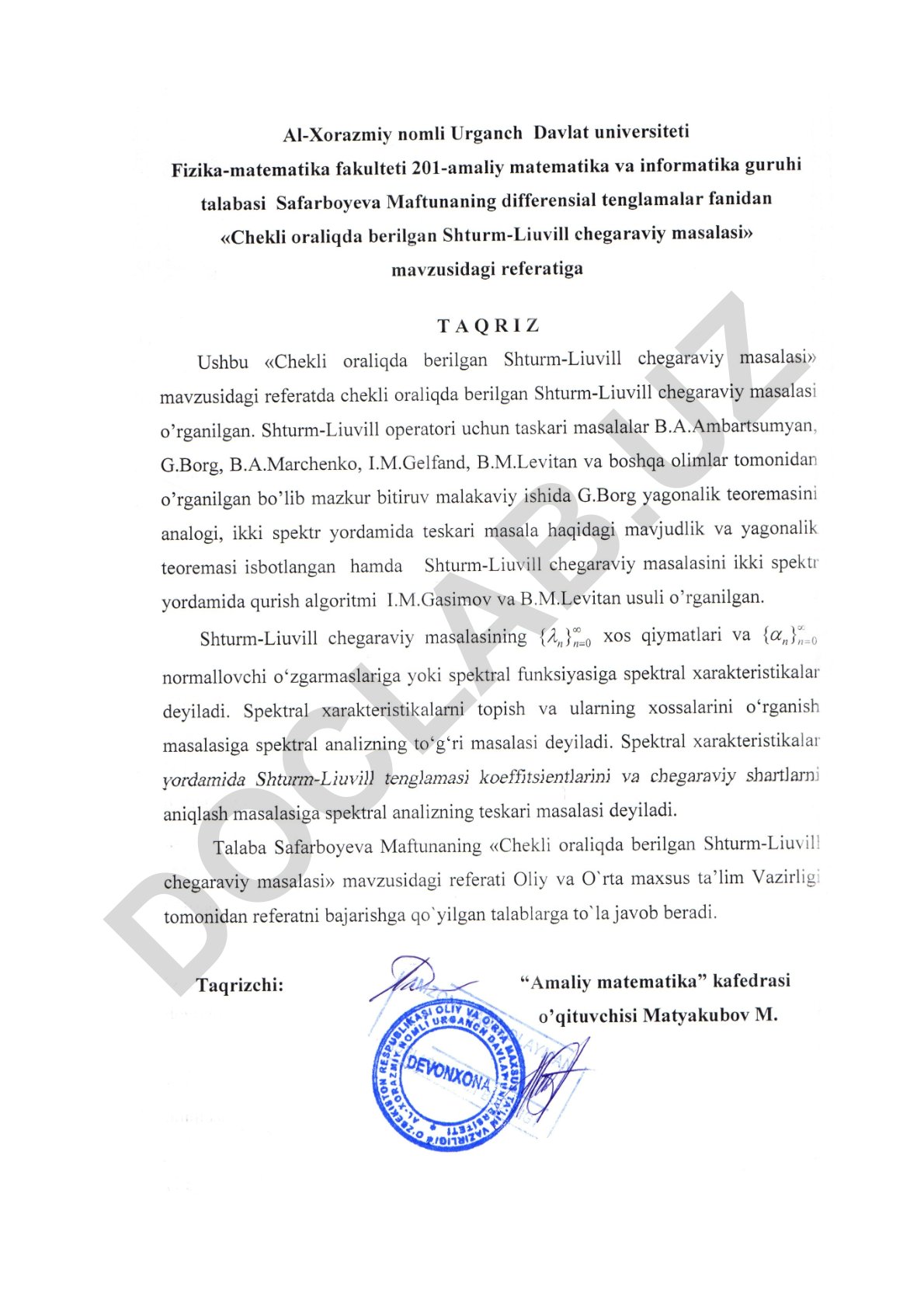 Chekli oraliqda berilgan Shturm-Liuvill chegaraviy masalasi