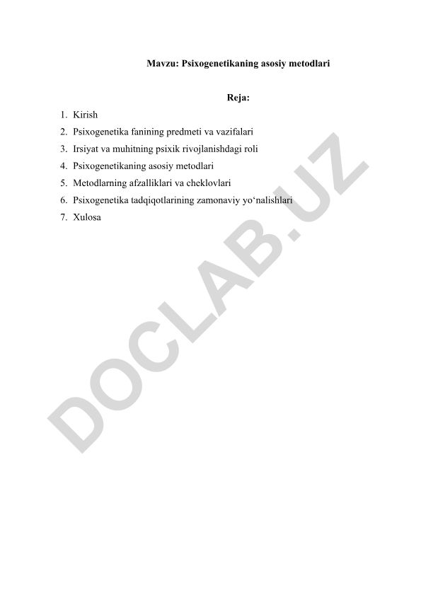Psixogenetikaning asosiy metodlari
