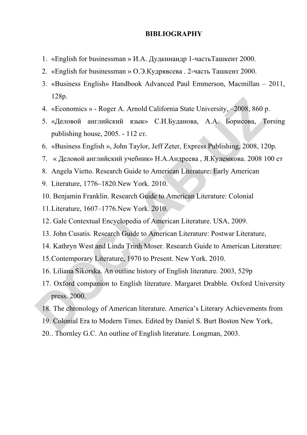 Business English va Amerika adabiyoti bo'yicha adabiyotlar ro'yxati