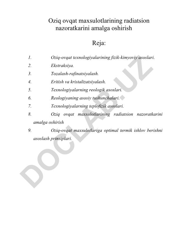 Oziq-ovqat texnologiyalarining fizik-kimyoviy asoslari va radiatsion nazorat