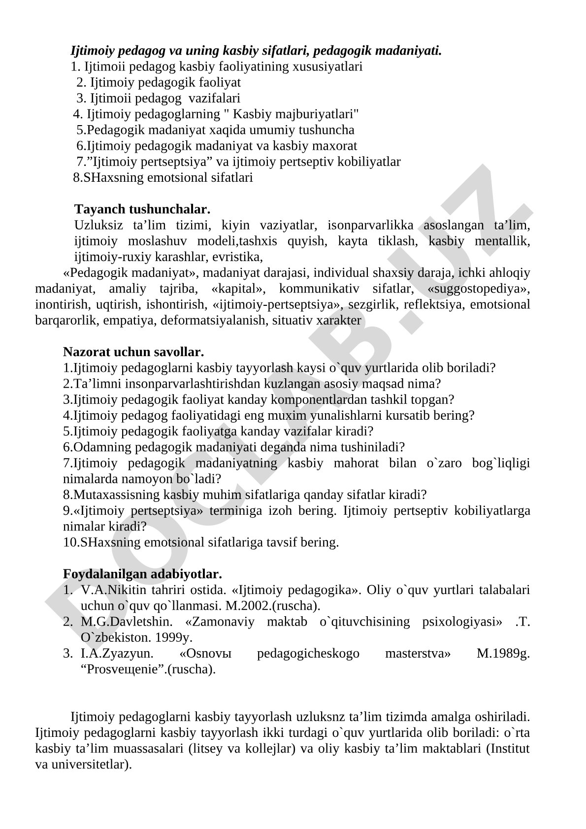 Ijtimoiy pedagog va uning kasbiy sifatlari, pedagogik madaniyati