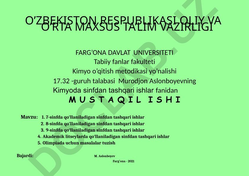 7-9-sinflarda kimyodan sinfdan tashqari ishlar va olimpiada masalalari