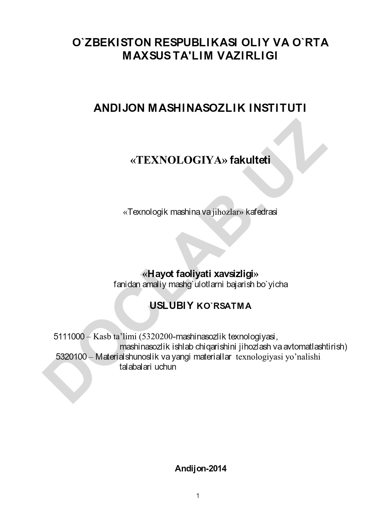 Hayot faoliyati xavfsizligi fanidan amaliy mashg'ulotlar uslubiy ko'rsatmasi