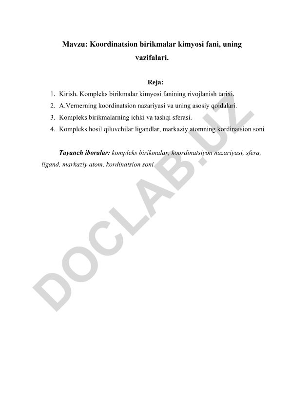Koordinatsion birikmalar kimyosi fani, uning vazifalari