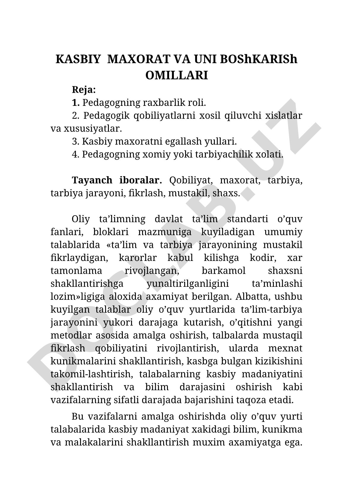 Kasbiy mahorat va uni boshqarish omillari