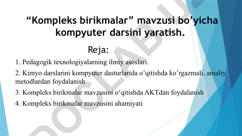 Kompleks birikmalar mavzusini o'qitishda pedagogik texnologiyalar va AKTdan foydalanish