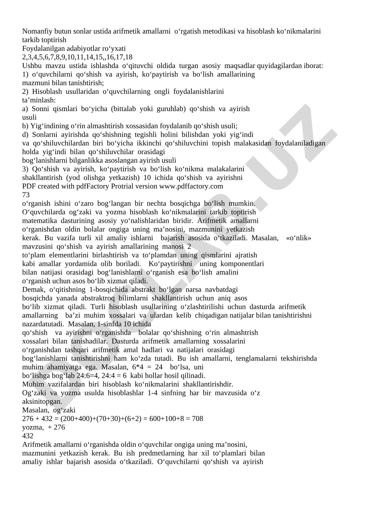 Nomanfiy butun sonlar ustida arifmetik amallarni o‘rgatish metodikasi