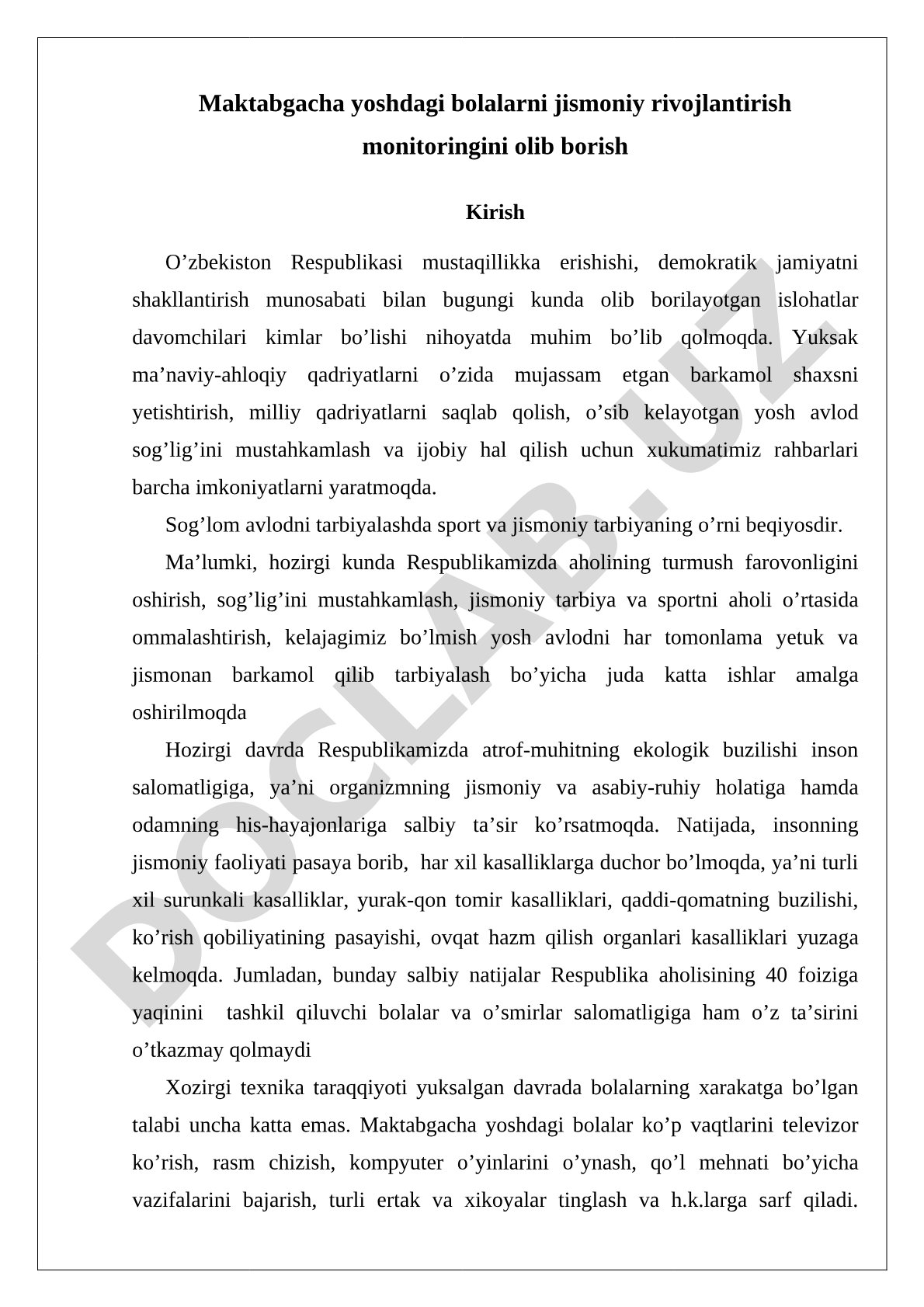 Maktabgacha yoshdagi bolalarni jismoniy rivojlantirish monitoringini olib borish