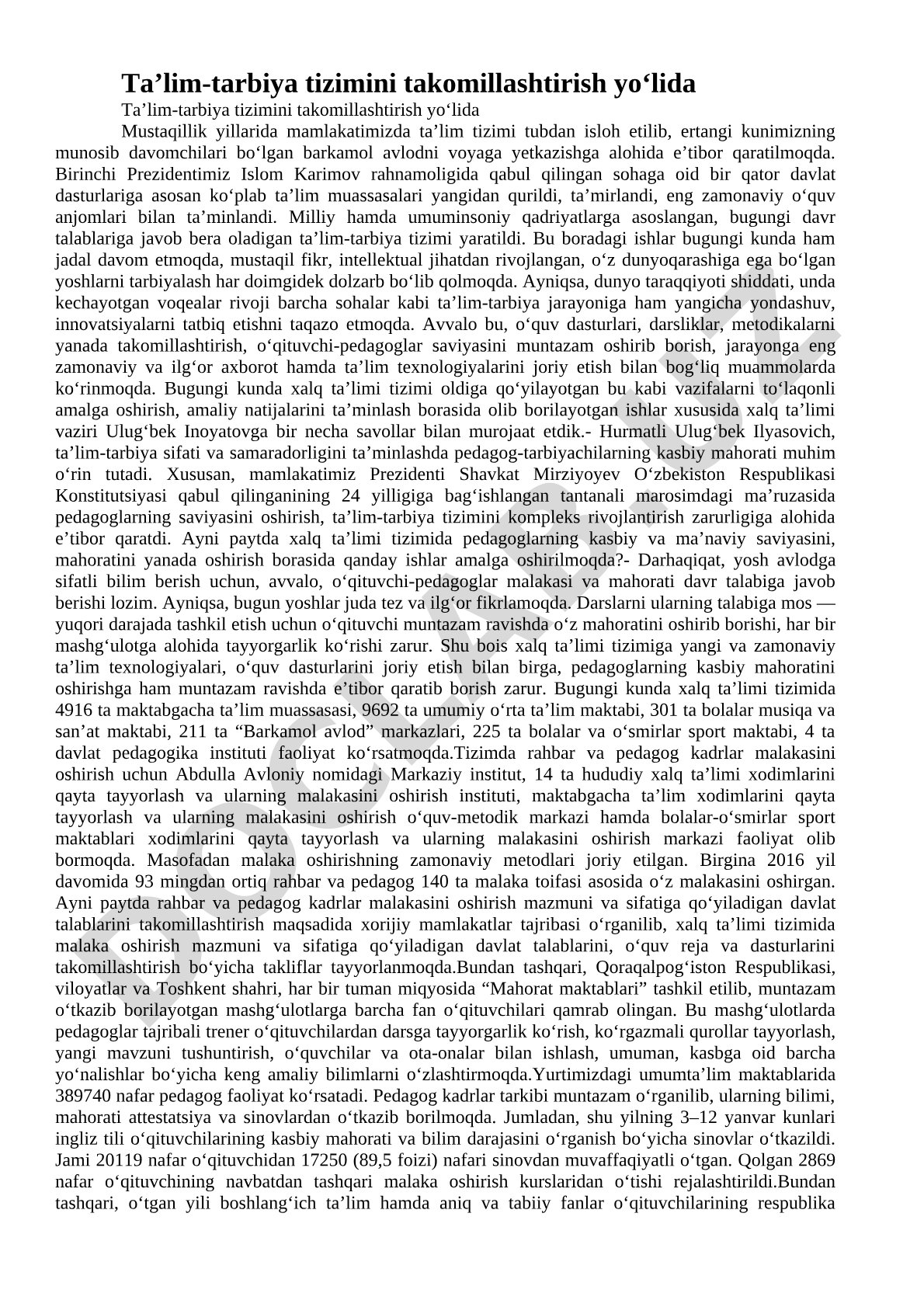 Ta'lim-tarbiya tizimini takomillashtirish