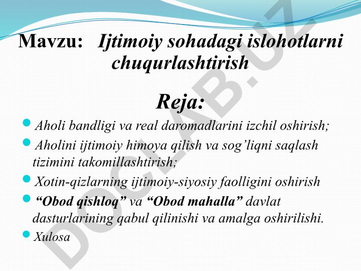 Ijtimoiy sohadagi islohotlarni chuqurlashtirish