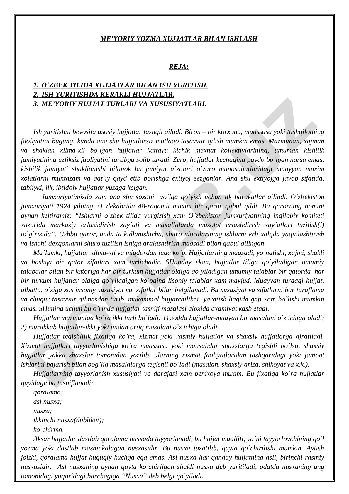Me'yoriy yozma hujjatlar bilan ishlash rejasi
