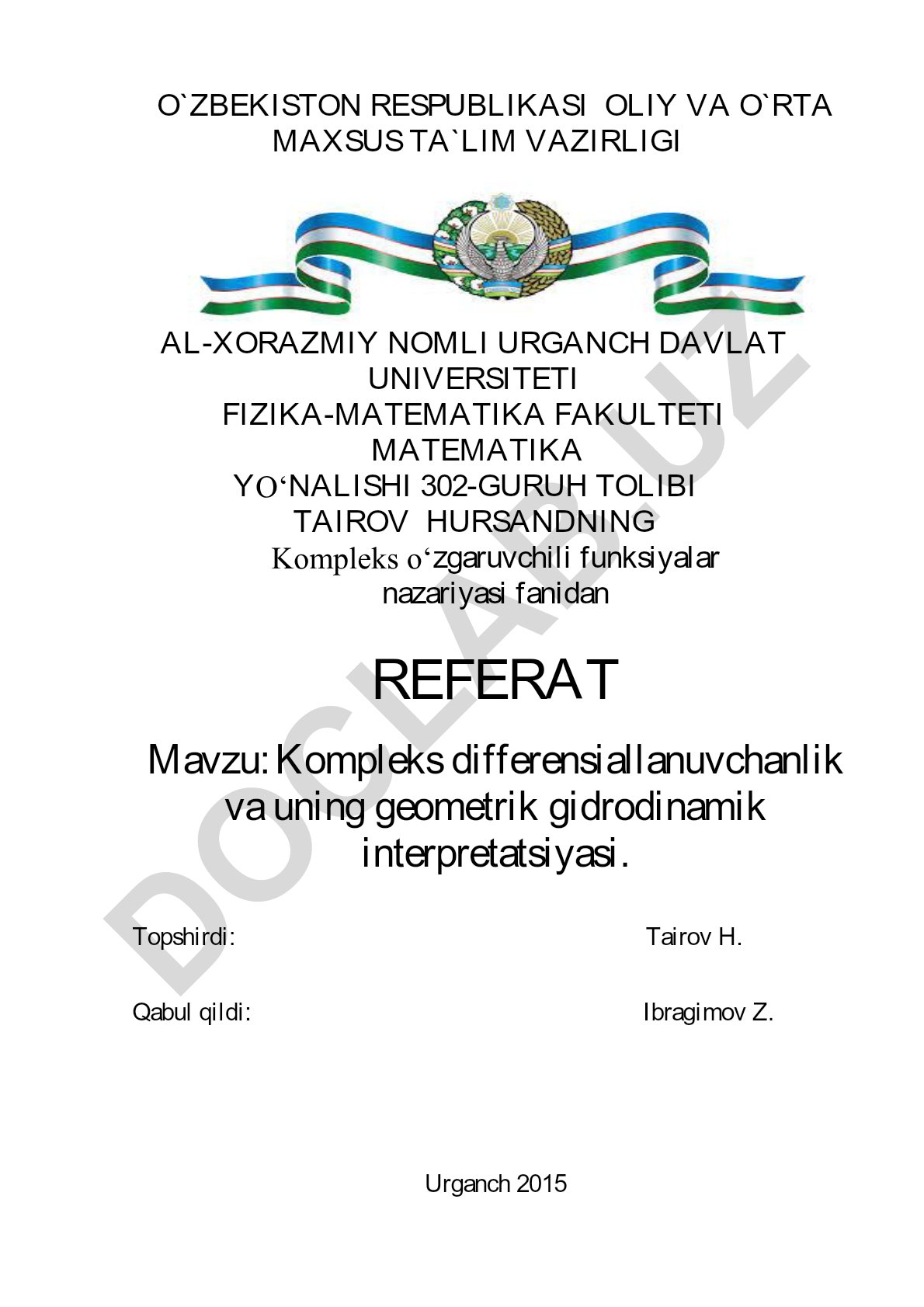 Kompleks differensiallanuvchanlik va uning geometrik gidrodinamik interpretatsiyasi