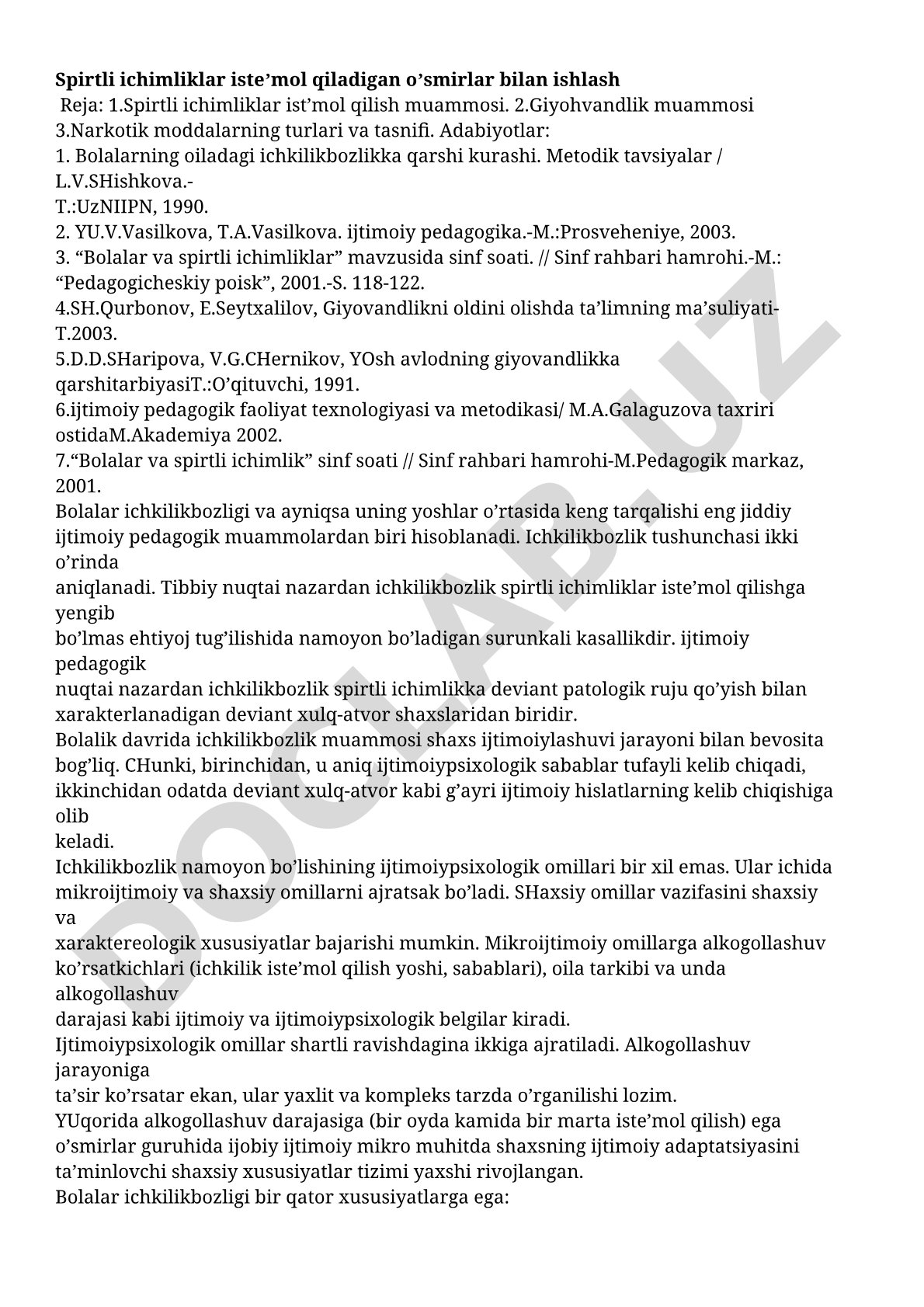 Spirtli ichimliklar iste'mol qiladigan o'smirlar bilan ishlash