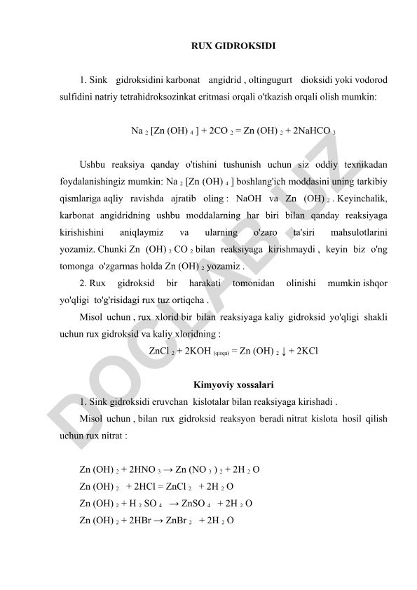 Rux gidroksidini olish va kimyoviy xossalari