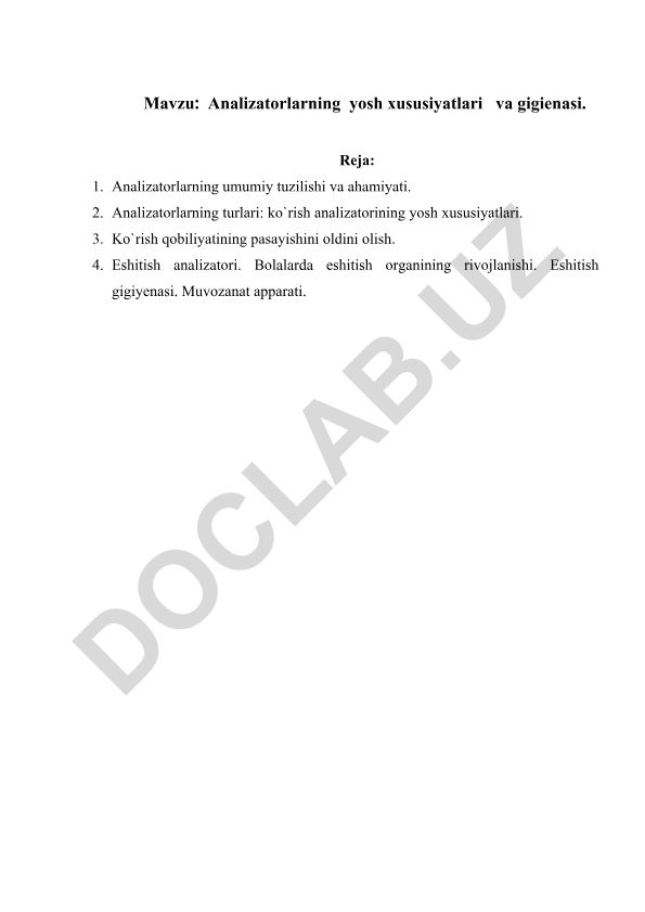 Analizatorlarning yosh xususiyatlari va gigienasi