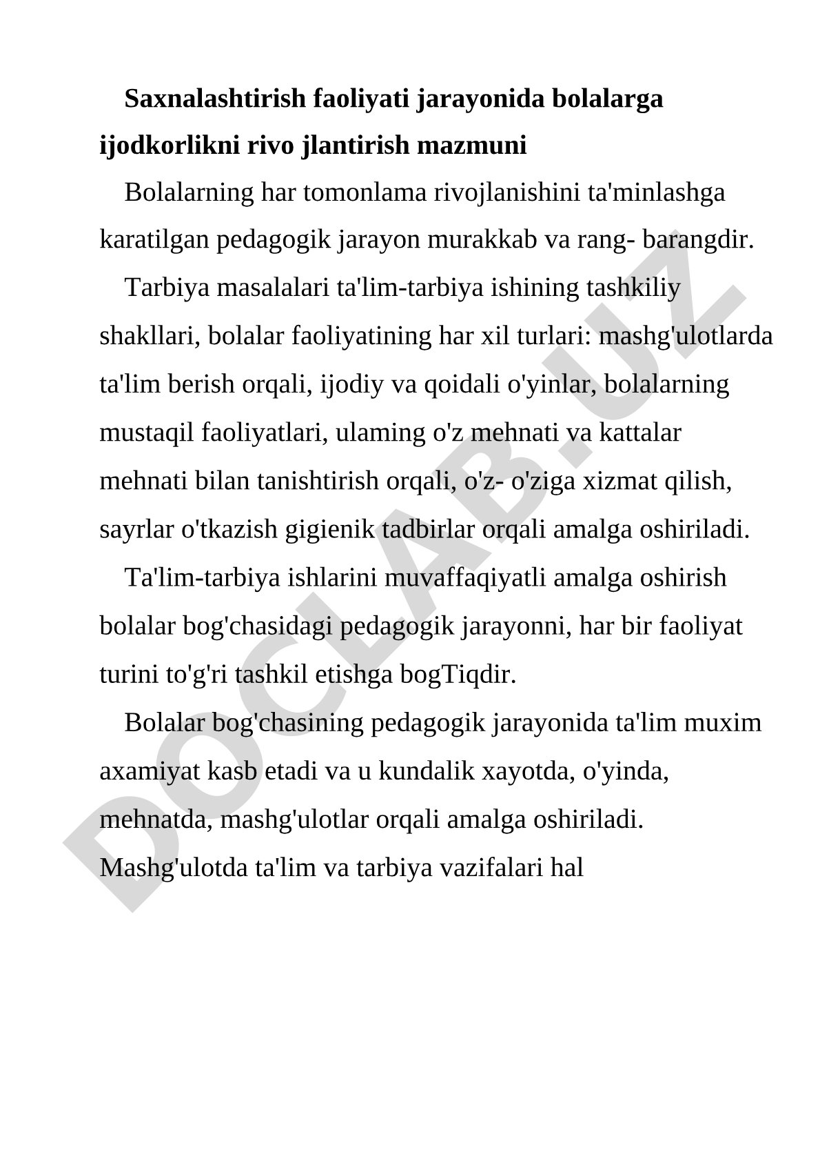 Sahnalashtirish faoliyati jarayonida bolalarga ijodkorlikni rivojlantirish mazmuni