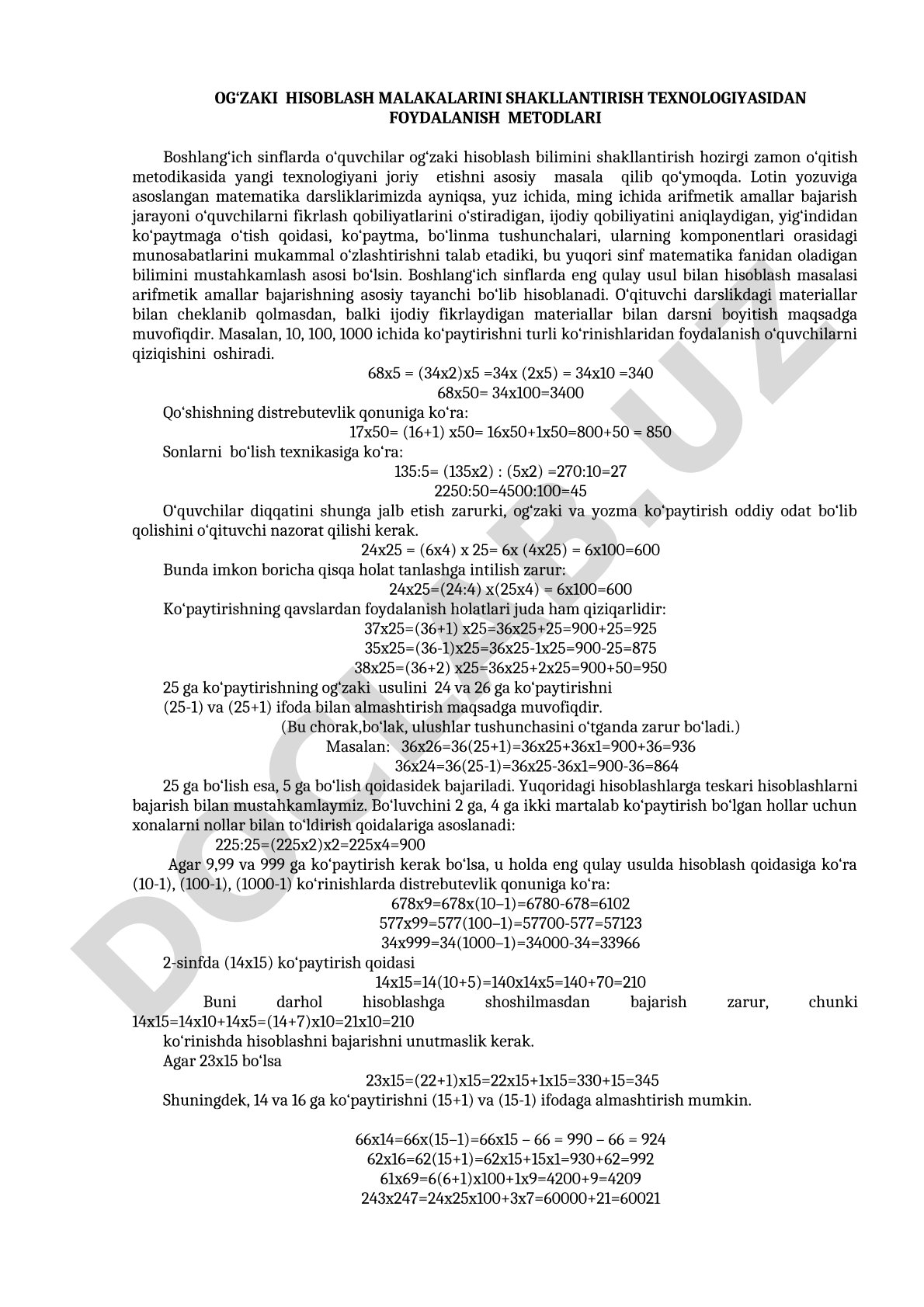 Og‘zaki hisoblash malakalarini shakllantirish texnologiyasidan foydalanish metodlari