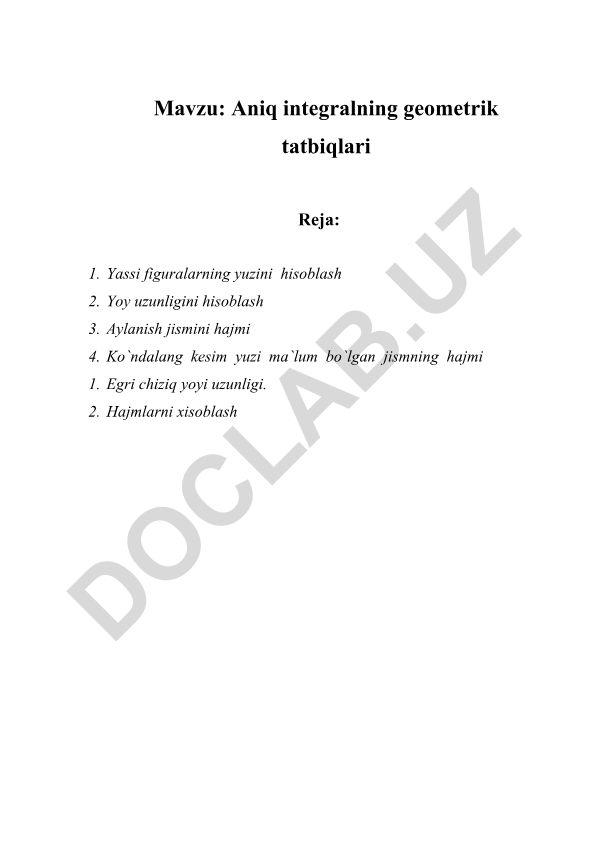 Aniq integralning geometrik tatbiqlari