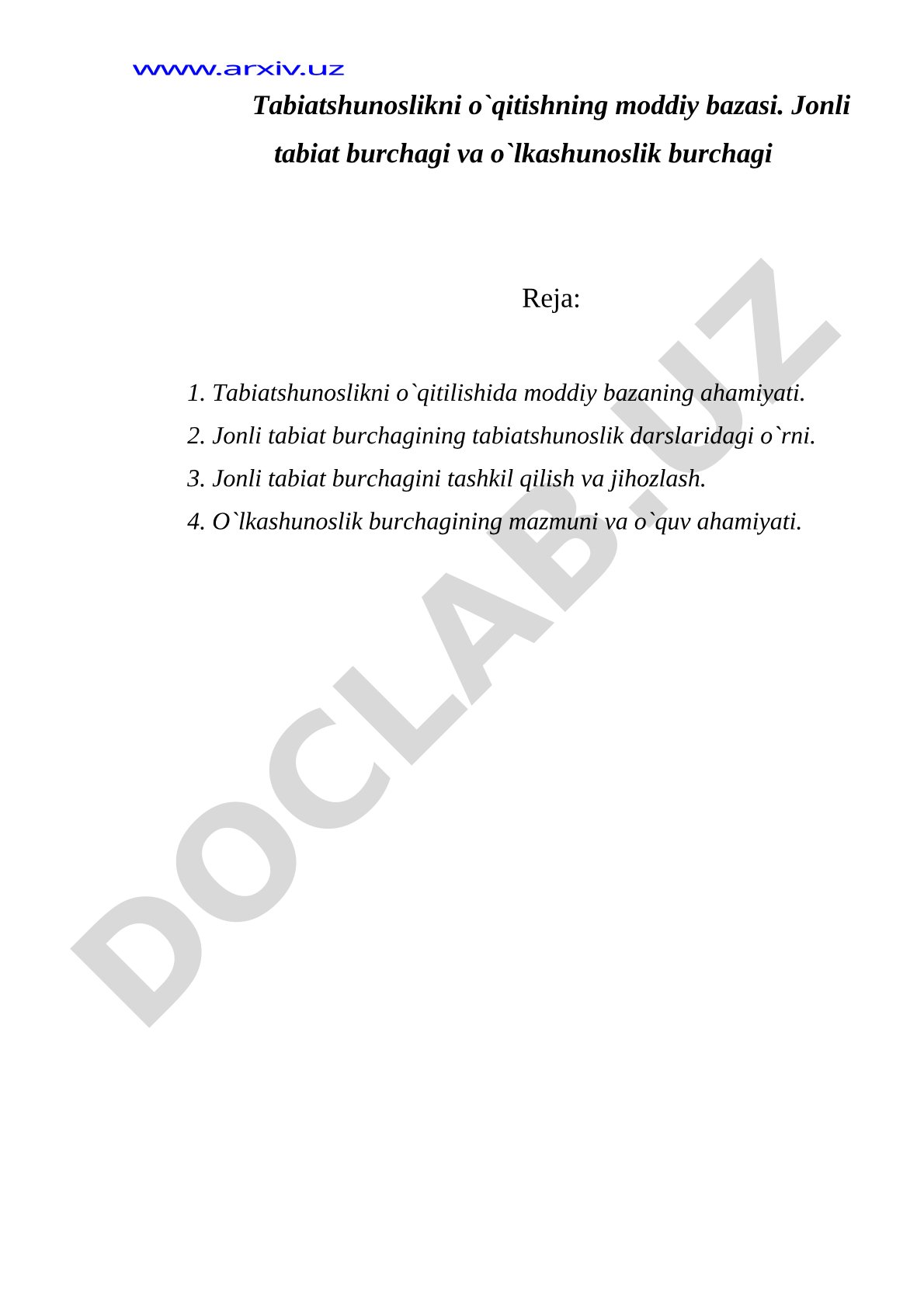 Tabiatshunoslikni o'qitishning moddiy bazasi