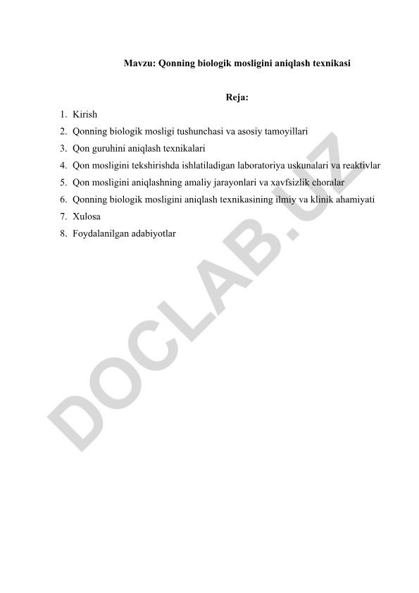 Qonning biologik mosligini aniqlash texnikasi