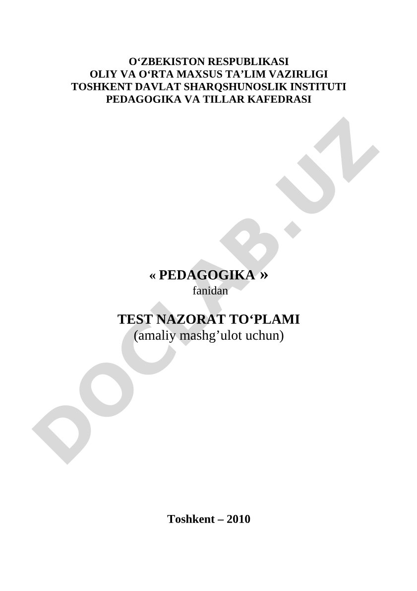 Pedagogika fanidan test nazorat to'plami
