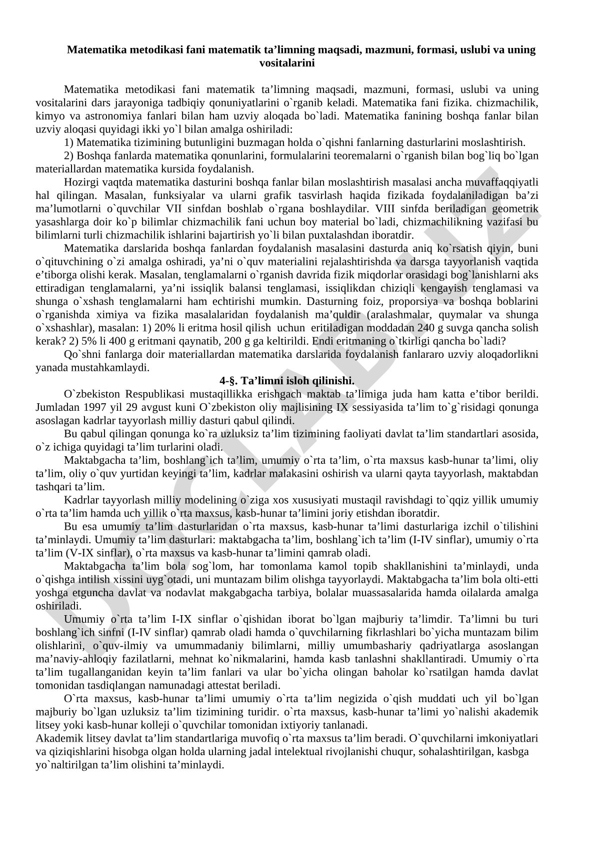 Matematika metodikasi fanining matematik ta'limdagi o'rni