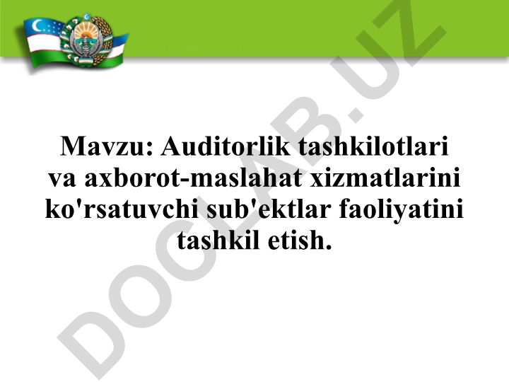 Auditorlik tashkilotlari va axborot-maslahat xizmatlarini ko'rsatuvchi sub'ektlar faoliyatini tashkil etish