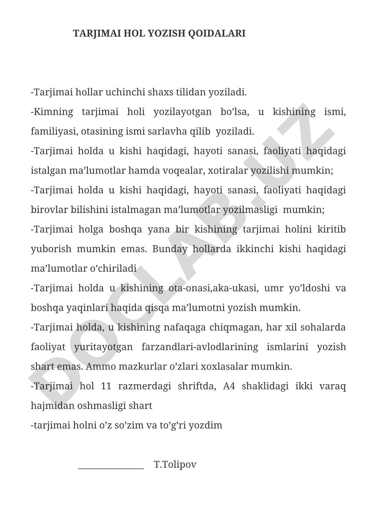 Tarjimai hol yozish qoidalari
