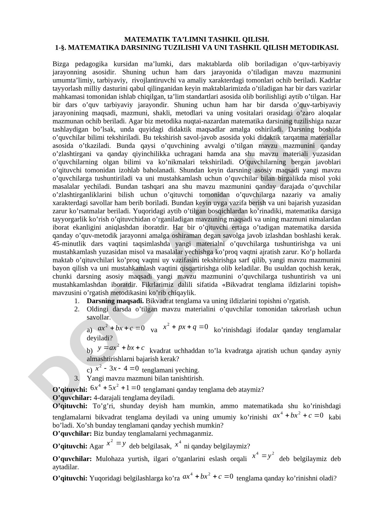 Matematika darsining tuzilishi va uni tashkil qilish metodikasi