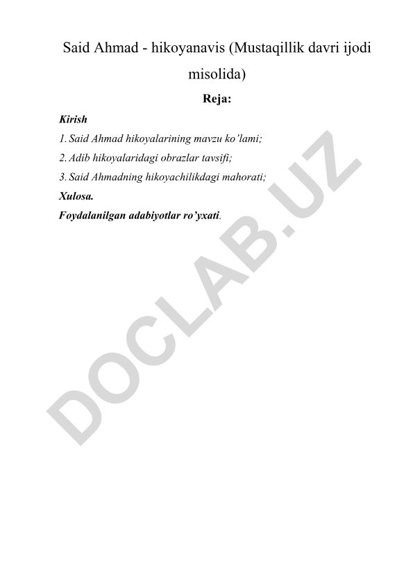 Said Ahmad - hikoyanavis (Mustaqillik davri ijodi misolida)