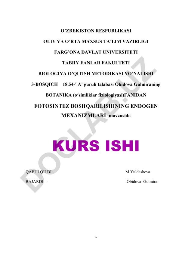 Fotosintez boshqarilishining endogen mexanizmlari