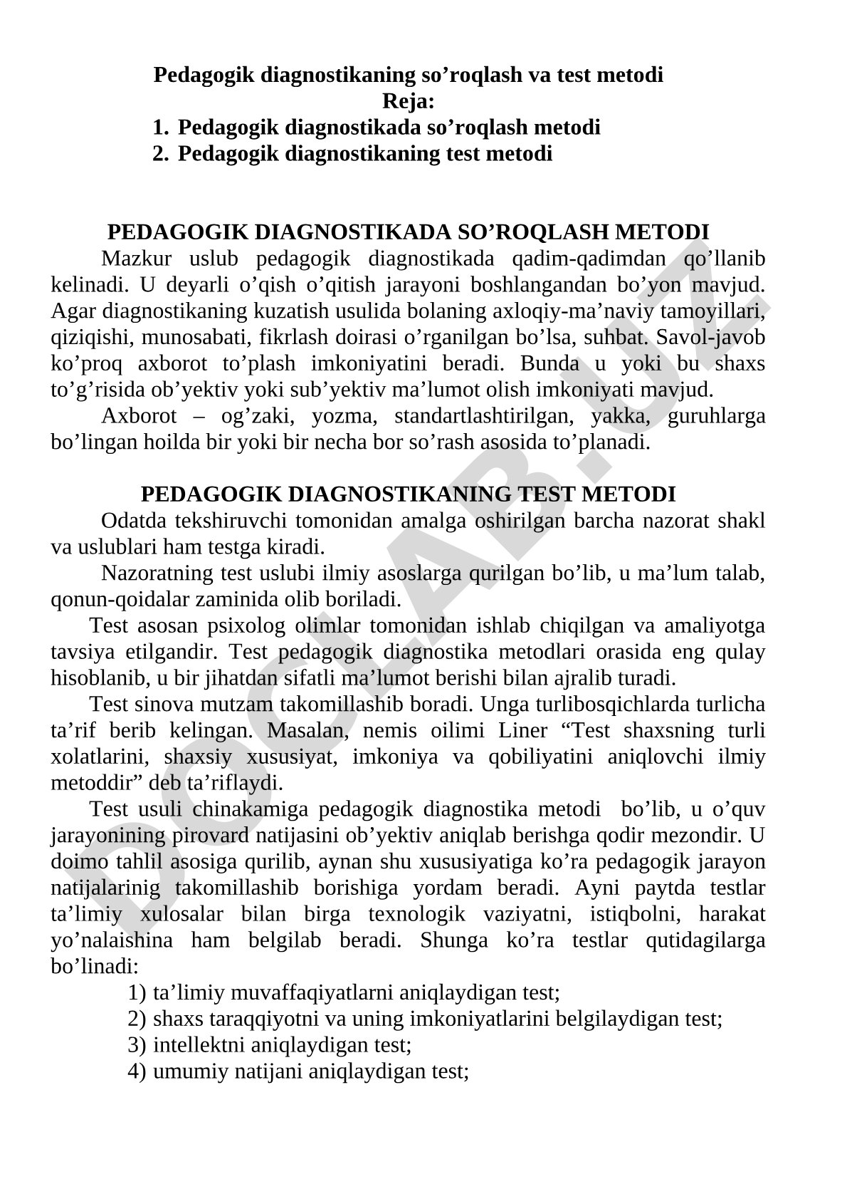 Pedagogik diagnostikada so'roqlash va test metodi