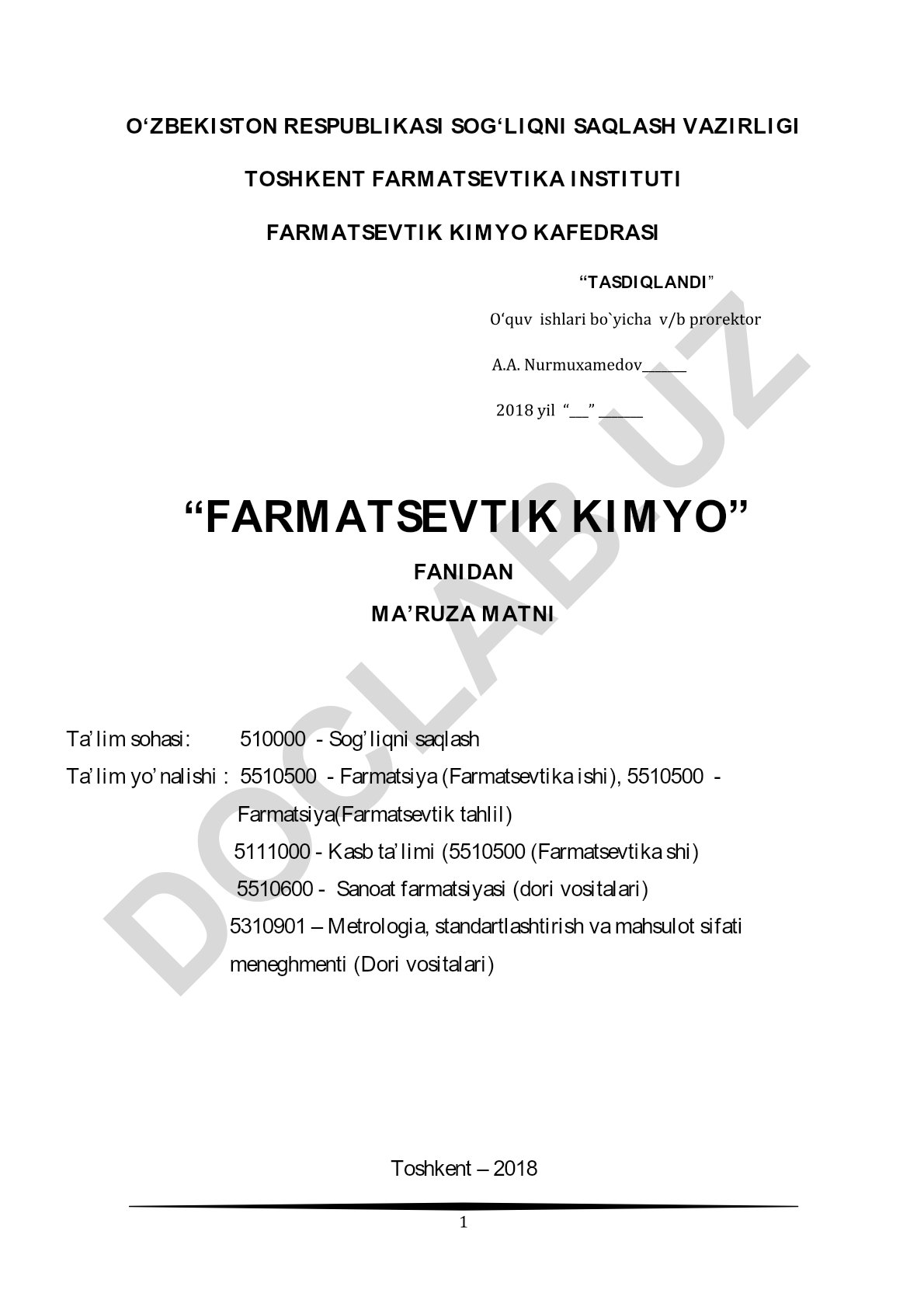 Farmatsevtik kimyo fanidan ma'ruza matni