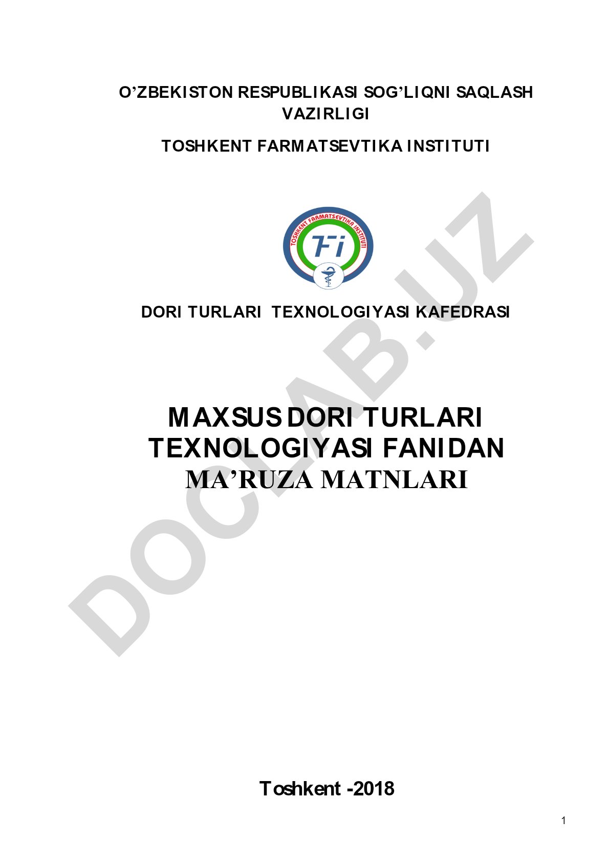 Maxsus dori turlari texnologiyasi fanidan ma'ruza matnlari