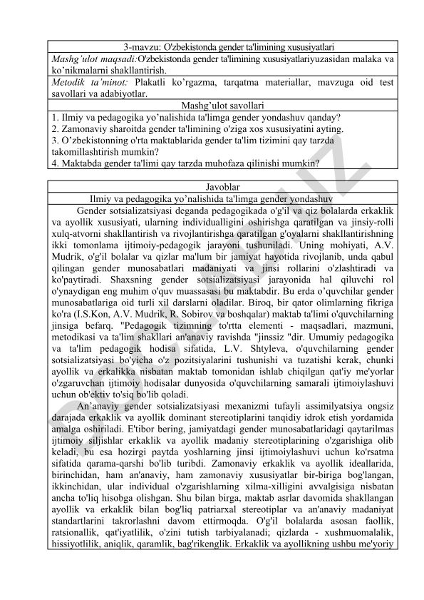O'zbekistonda gender ta'limining xususiyatlari