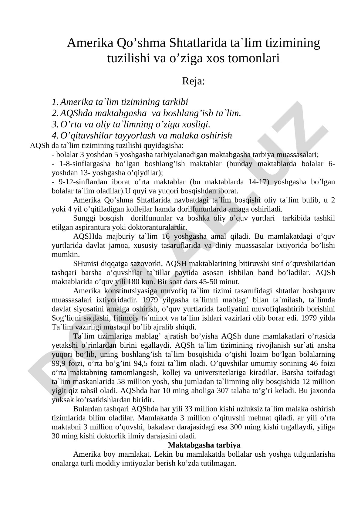 Amerika Qo'shma Shtatlarida ta'lim tizimining tuzilishi va o'ziga xos tomonlari