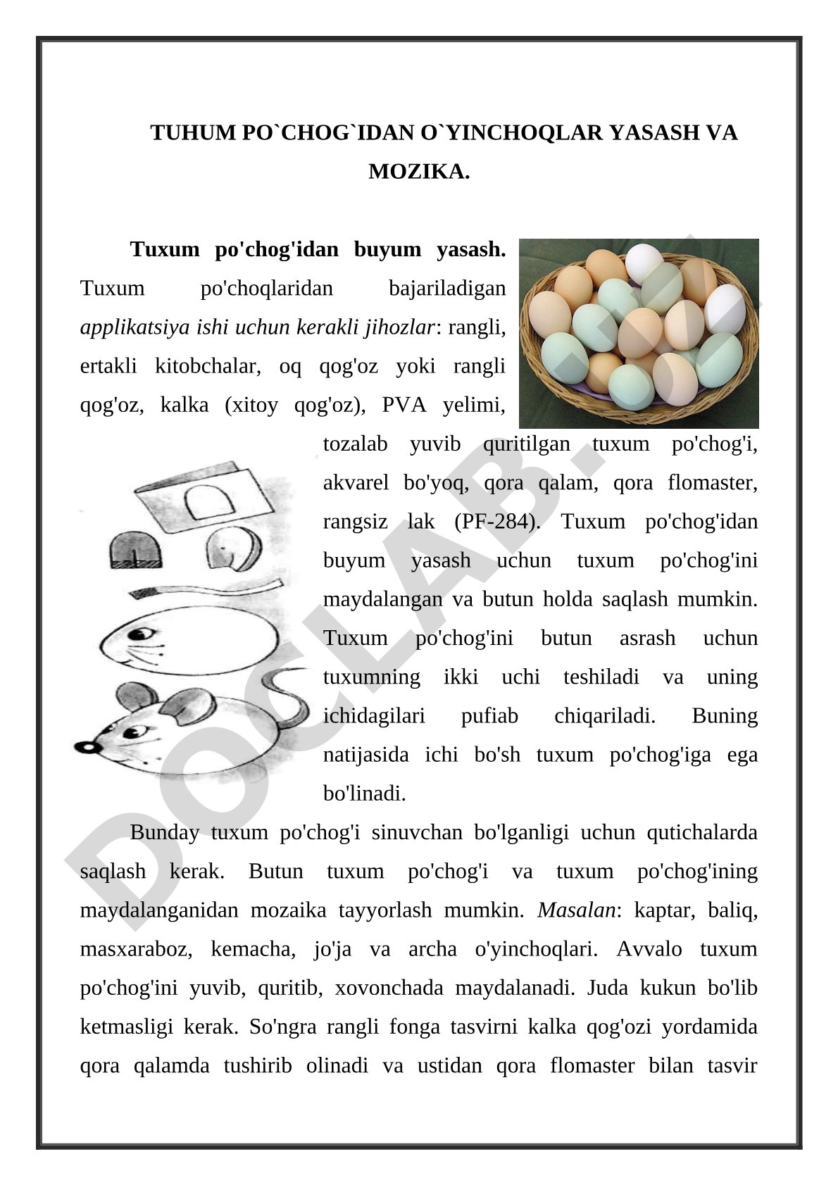 Tuxum po'chog'idan o'yinchoqlar yasash va mozaika