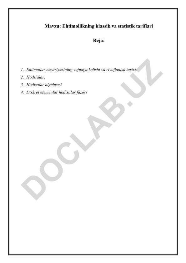 Ehtimollikning klassik va statistik tariflari