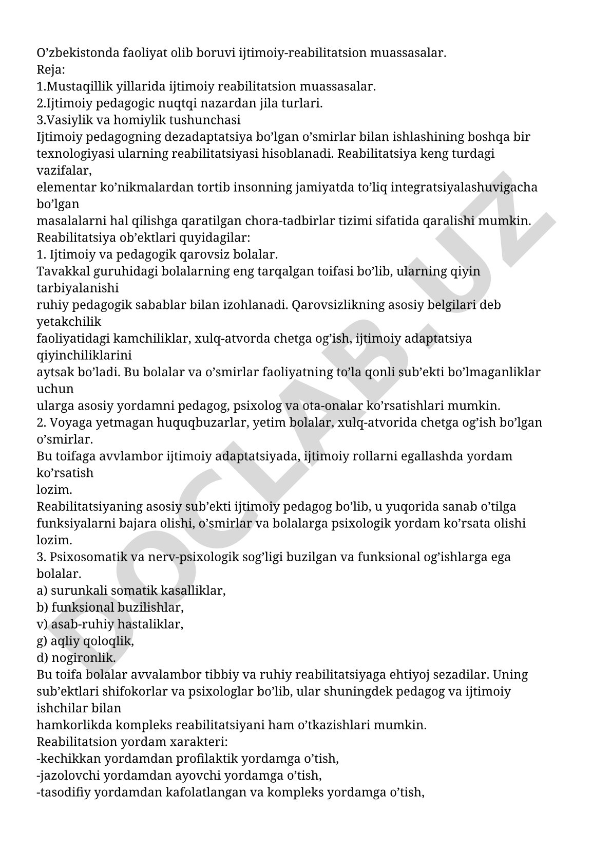 O'zbekistonda faoliyat olib boruvchi ijtimoiy-reabilitatsion muassasalar