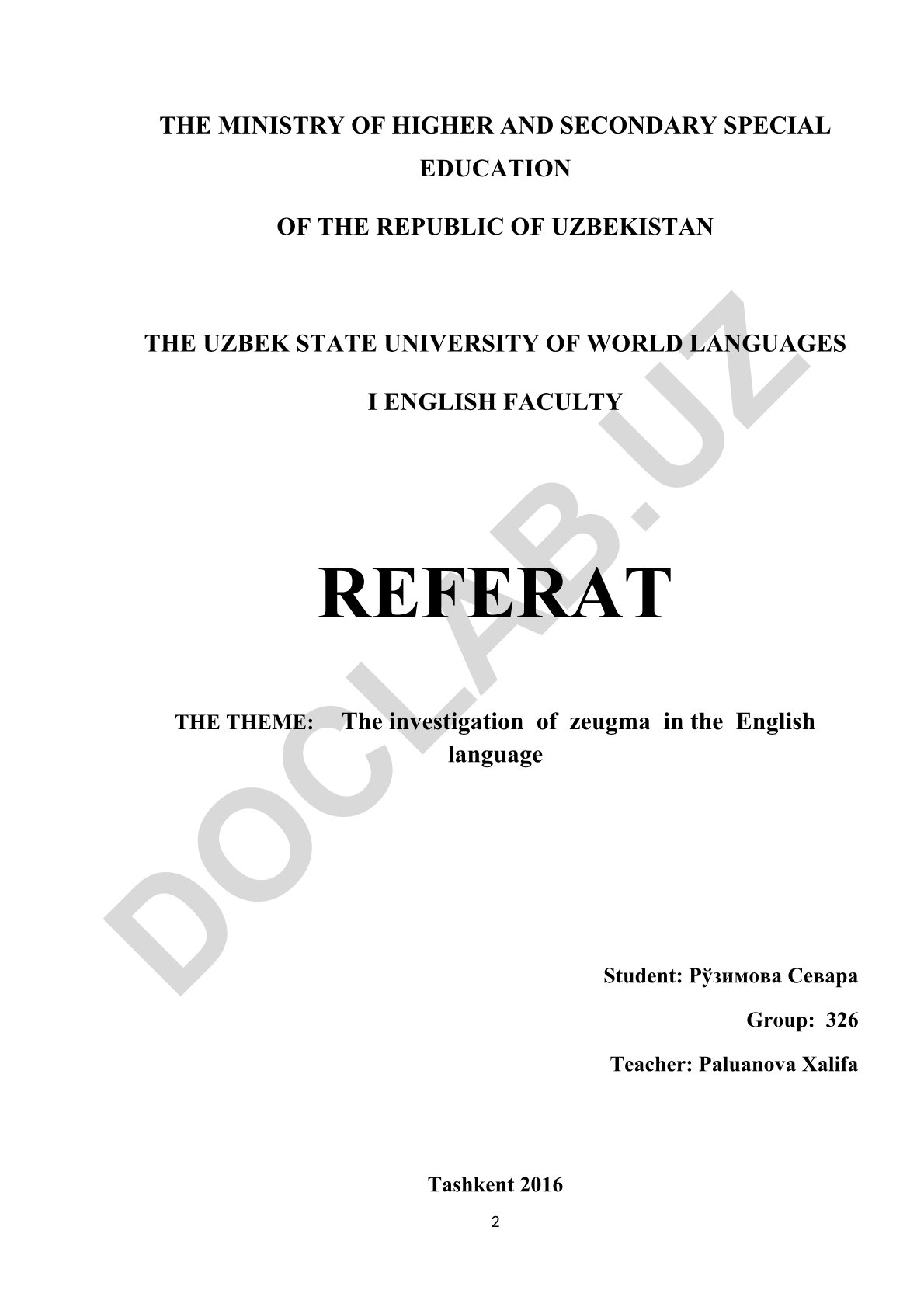 The investigation of zeugma in the English language