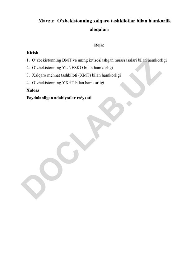O'zbekistonning xalqaro tashkilotlar bilan hamkorlik aloqalari