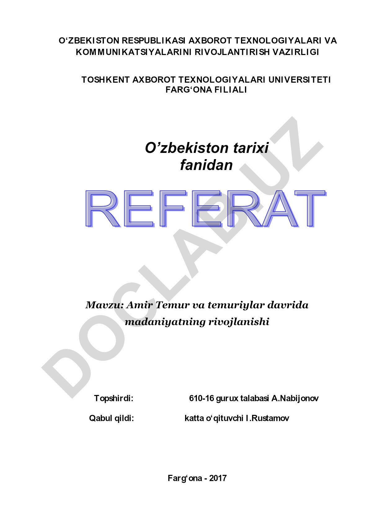 Amir Temur va temuriylar davrida madaniyatning rivojlanishi