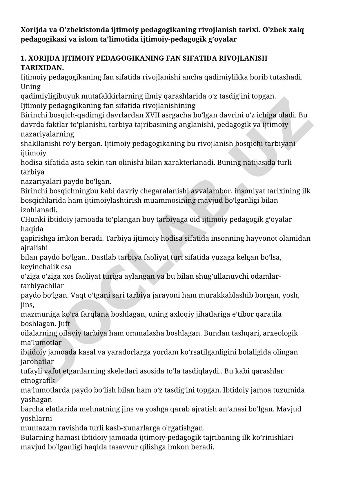 Xorijda va O'zbekistonda ijtimoiy pedagogikaning rivojlanish tarixi