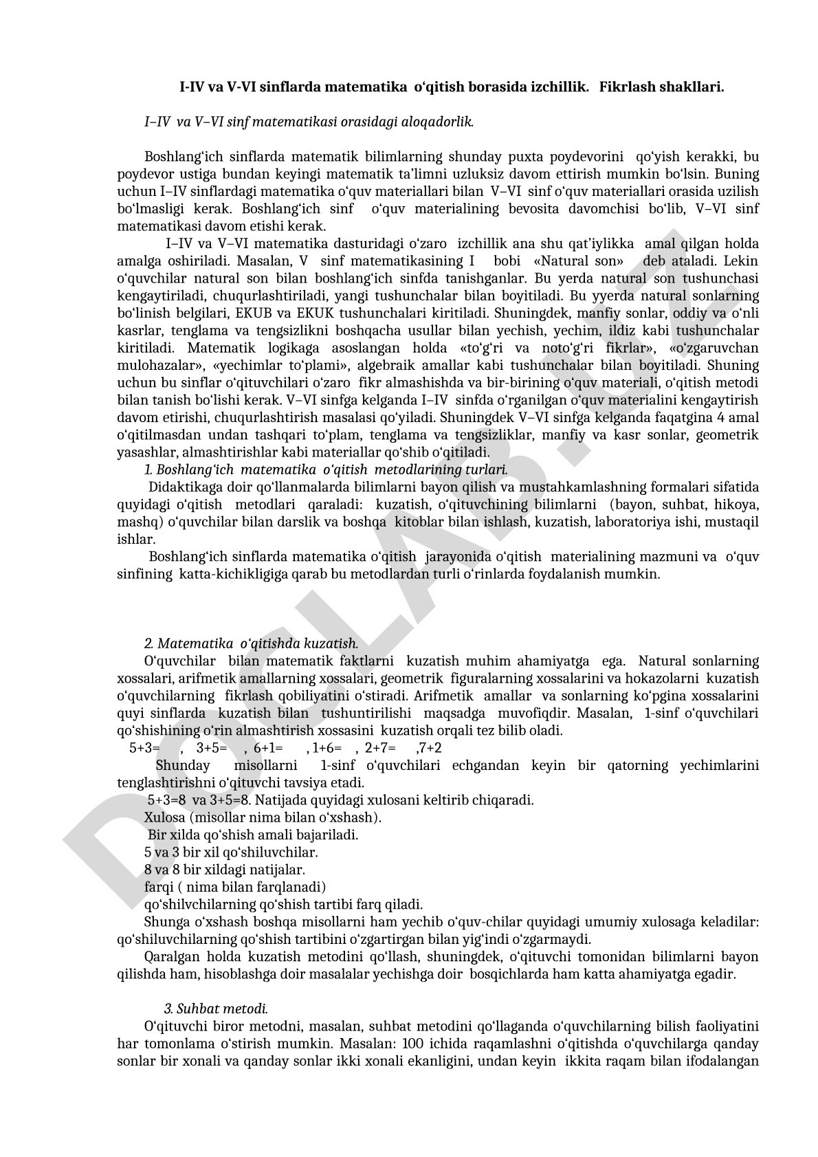 I-IV va V-VI sinflarda matematika o'qitish izchilligi