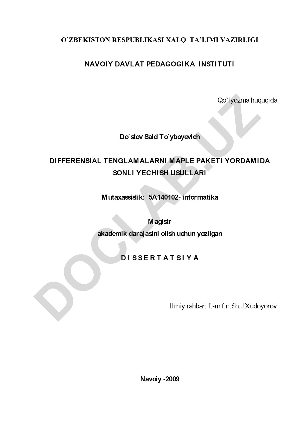 Differensial tenglamalarni Maple paketi yordamida sonli yechish usullari