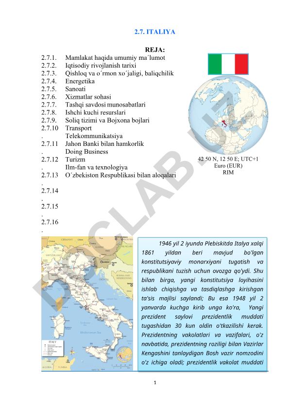 Italiya mamlakatining iqtisodiy va ijtimoiy rivojlanishi